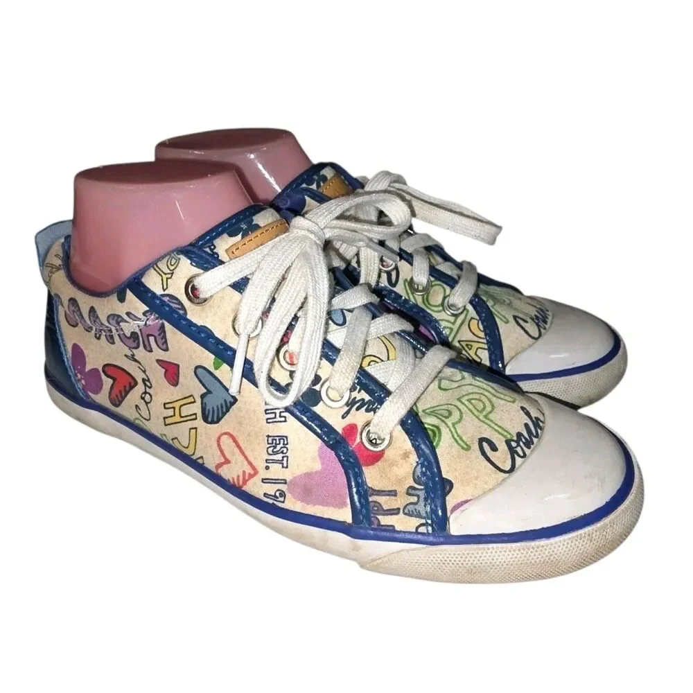 COACH POPPY BARRETT Sz 8 Off White AOP Logo Canvas Lace Up Casual Preppy Shoes